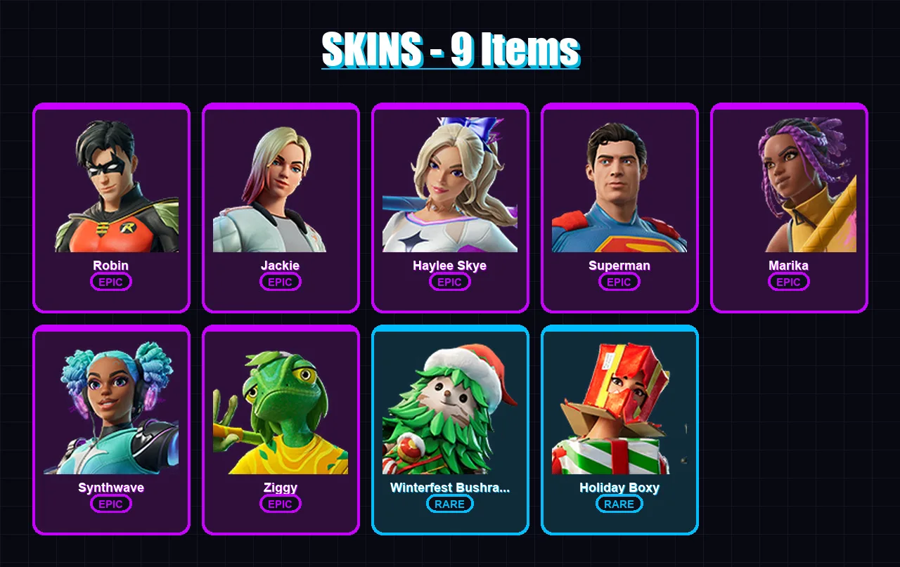 [PC/PSN] | Robin | Jackie | Haylee Skye | Superman | Marika | 9 skin | 30 pickaxe | 16 emote | 22 glider | Lv273