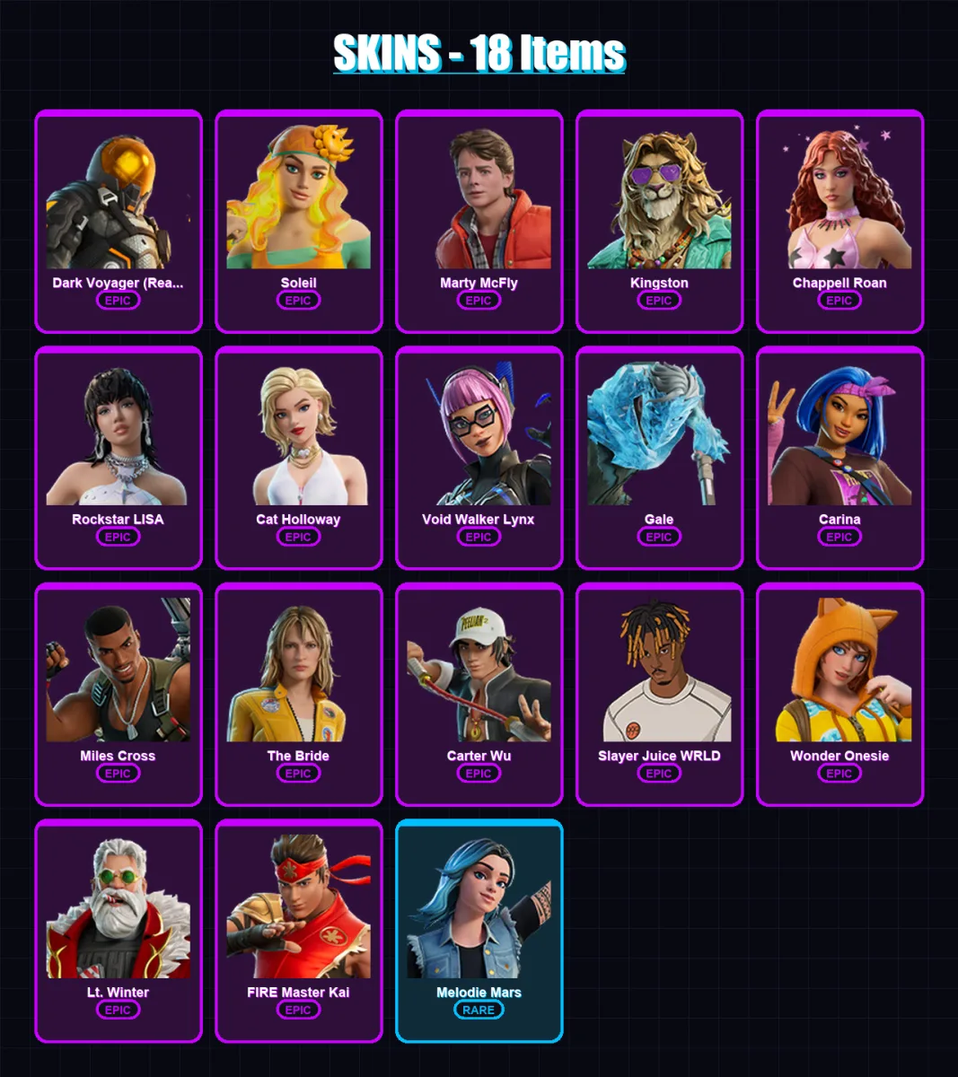[PC/XBOX] | Dark Voyager (Reality Redacted) | Soleil | Marty McFly | Kingston | Chappell Roan | 18 skin | 38 pickaxe | 22 emote | 21 glider | Lv343
