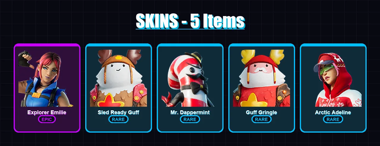 [PC/XBOX/PSN] | Explorer Emilie | Sled Ready Guff | Mr. Dappermint | Guff Gringle | Arctic Adeline | 5 skin | 4 pickaxe | 2 emote | 7 glider | Lv62