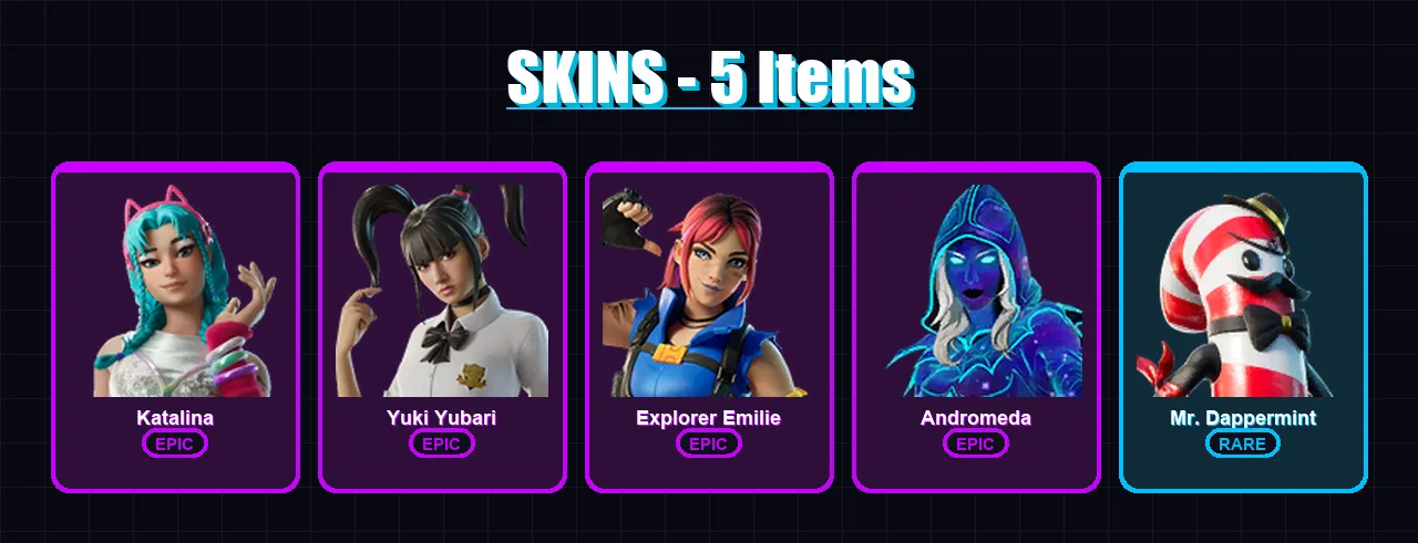 [PC/XBOX/PSN] | Katalina | Yuki Yubari | Explorer Emilie | Andromeda | Mr. Dappermint | 5 skin | 20 pickaxe | 8 emote | 9 glider | Lv118