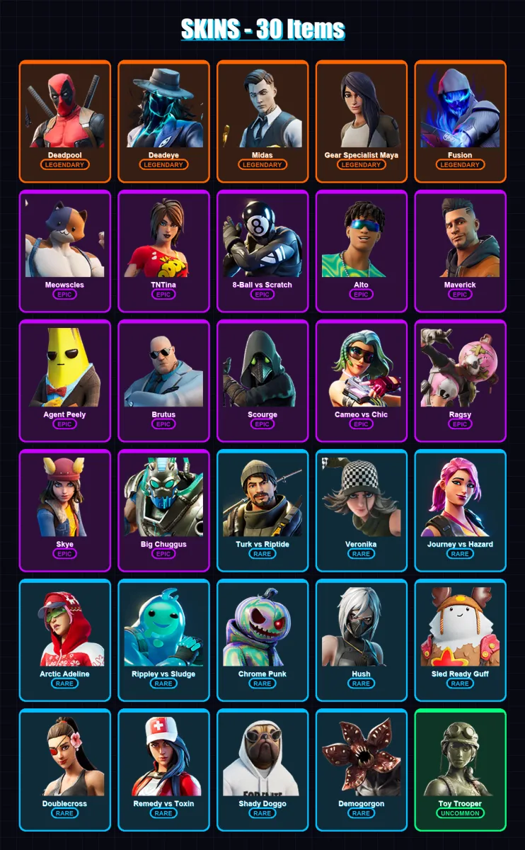 [PC/PSN] | Deadpool | Deadeye | Midas | Gear Specialist Maya | Fusion | 30 skin | 34 pickaxe | 55 emote | 44 glider | Lv966