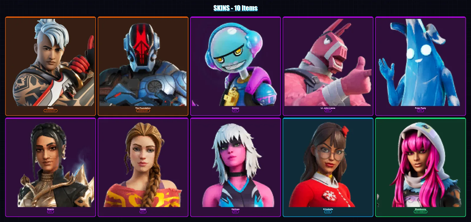 [PC/PSN] | Ronin | The Foundation | Gumbo | Lt. John Llama | Polar Peely | 10 skin | 13 pickaxe | 9 emote | 12 glider | Lv98