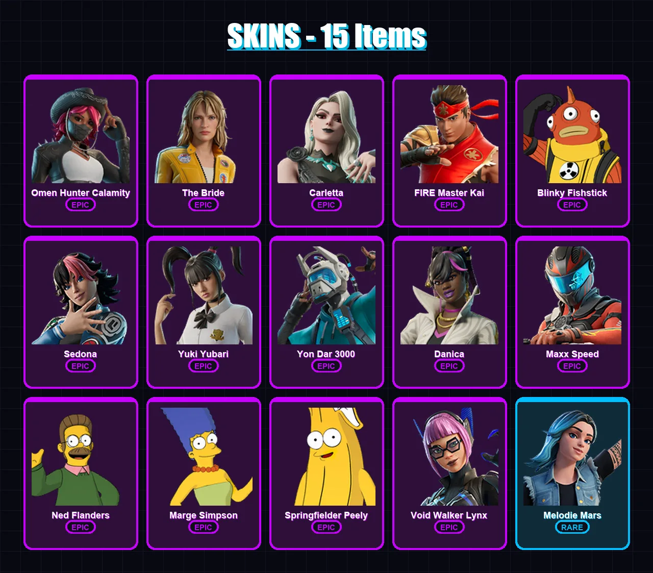 [PC/PSN] | Omen Hunter Calamity | The Bride | Carletta | FIRE Master Kai | Blinky Fishstick | 15 skin | 13 pickaxe | 10 emote | 8 glider | Lv35 — Fortnite account