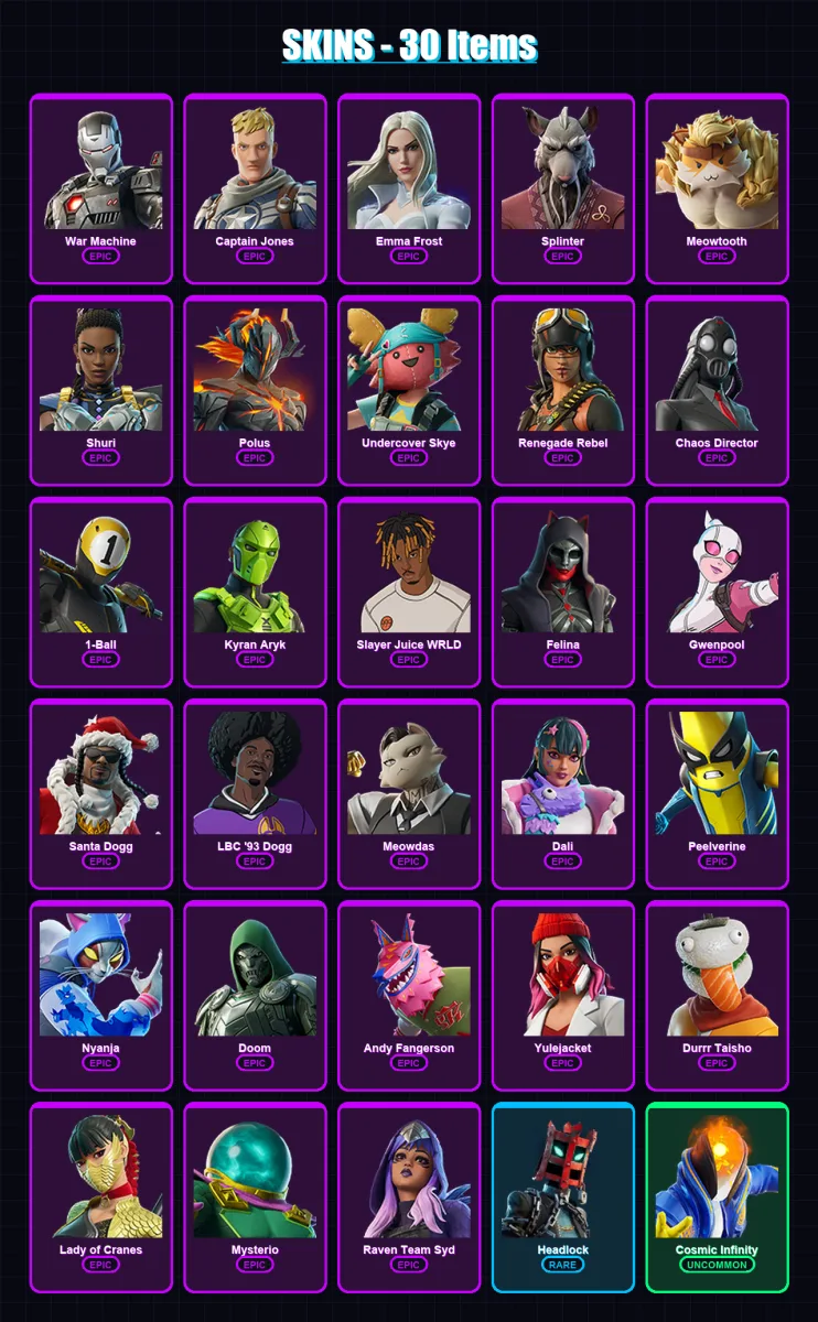 [PS4/PS5/XBOX/PC] | War Machine | Captain Jones | Emma Frost | Splinter | Meowtooth | 30 skin | 40 pickaxe | 23 emote | 20 glider | Lv231
