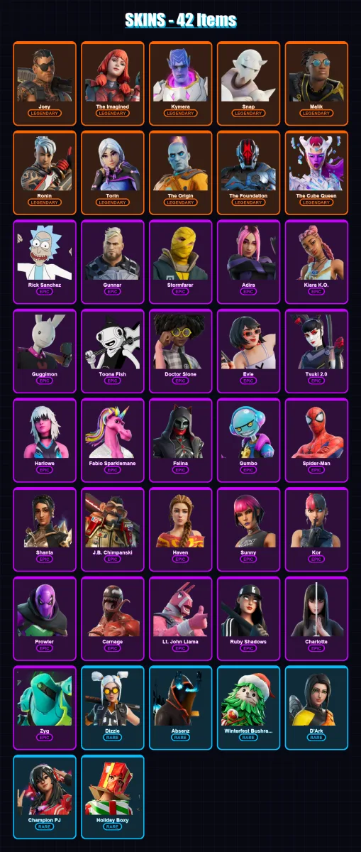 [PC/XBOX/PSN] | Joey | The Imagined | Kymera | Snap | Malik | 42 skin | 59 pickaxe | 42 emote | 55 glider | Lv833 — Fortnite account