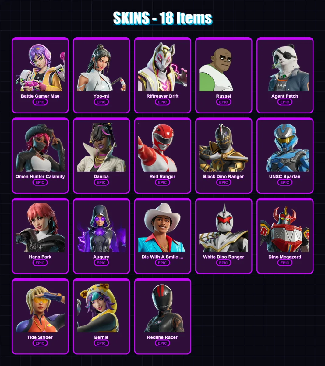 [PC/PSN] | Battle Gamer Mae | Yoo-mi | Riftreaver Drift | Russel | Agent Patch | 18 skin | 29 pickaxe | 18 emote | 15 glider | Lv117
