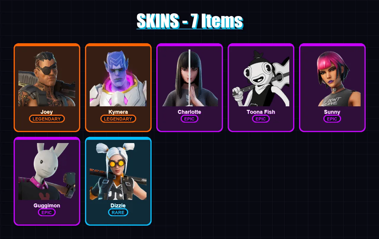 [PS4/PS5/XBOX/PC] | Joey | Kymera | Charlotte | Toona Fish | Sunny | 7 skin | 8 pickaxe | 9 emote | 10 glider | Lv101