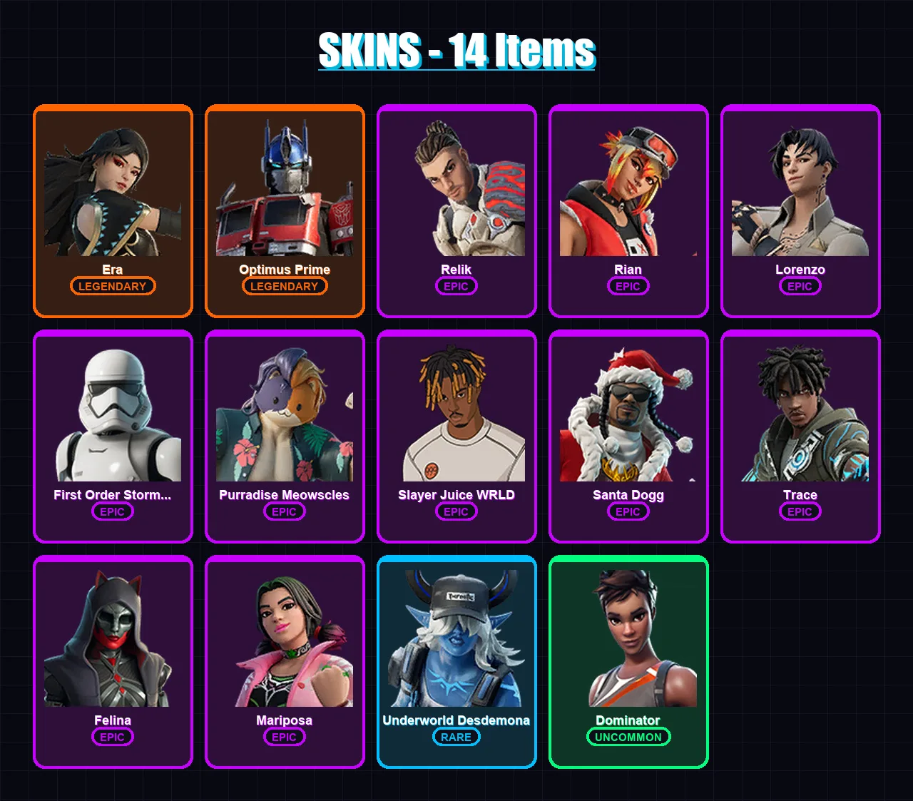 [SWITCH/XBOX/PSN/PC] | Era | Optimus Prime | Relik | Rian | Lorenzo | 14 skin | 69 pickaxe | 31 emote | 52 glider | Lv1460