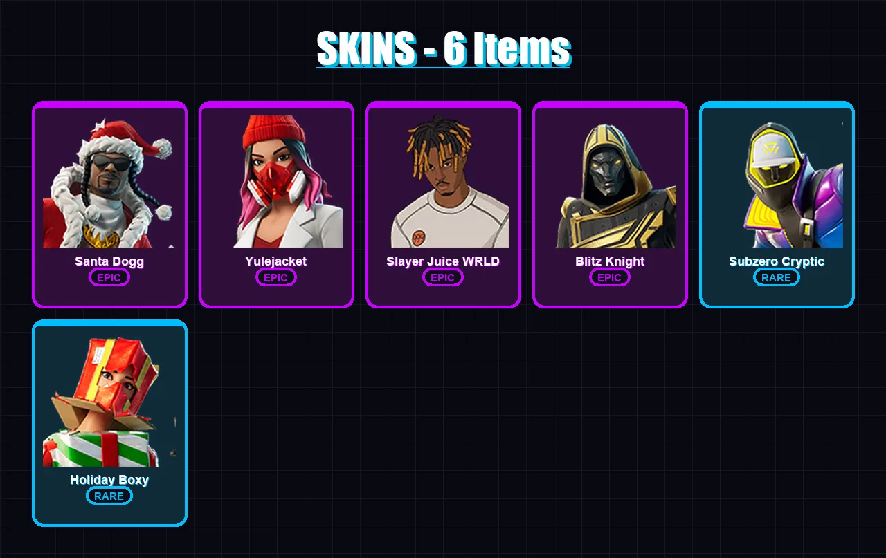 [PC/XBOX] | Santa Dogg | Yulejacket | Slayer Juice WRLD | Blitz Knight | Subzero Cryptic | 6 skin | 33 pickaxe | 13 emote | 25 glider | Lv272