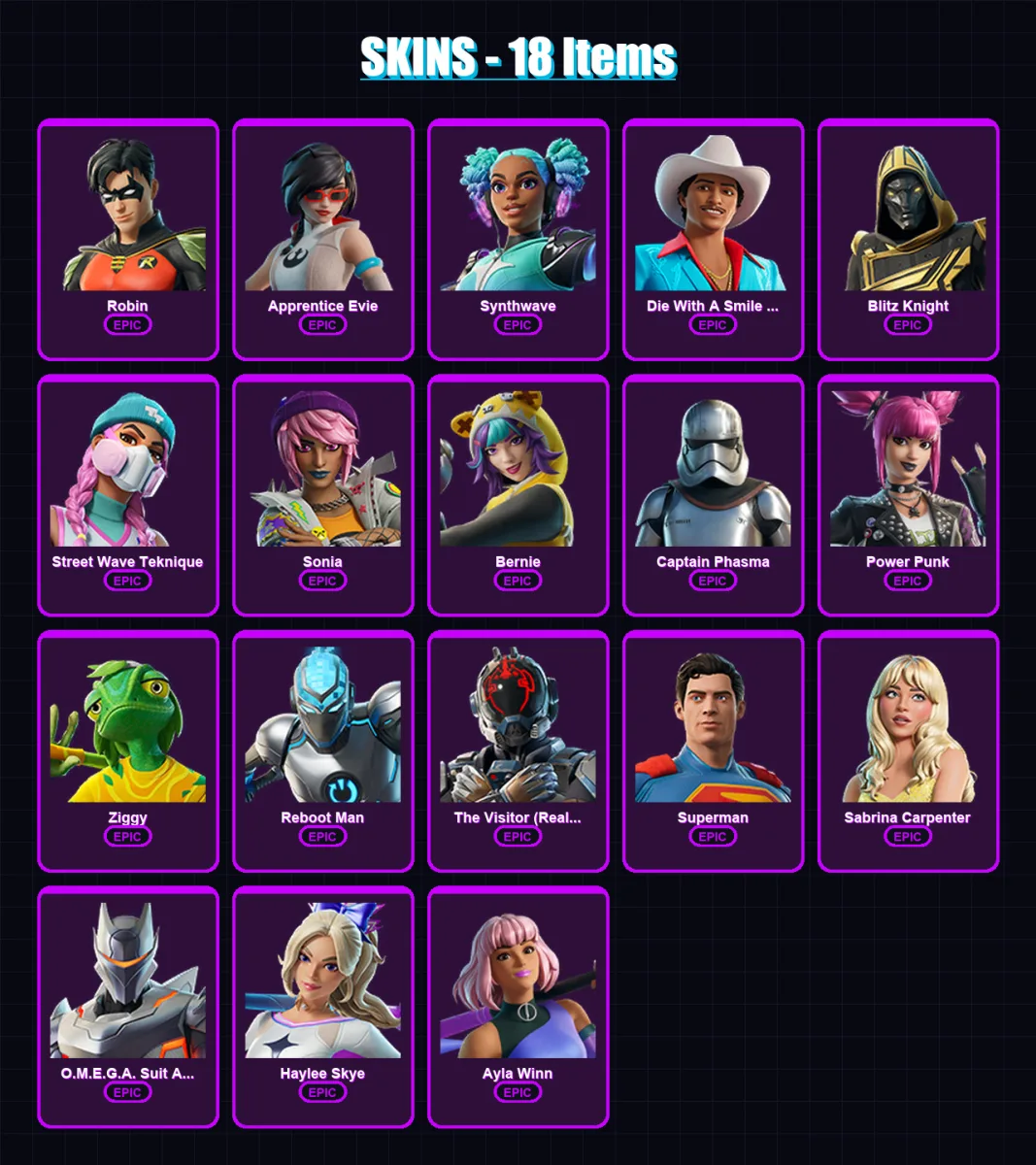[PC/XBOX/PSN] | Robin | Apprentice Evie | Synthwave | Die With A Smile Bruno | Blitz Knight | 18 skin | 25 pickaxe | 17 emote | 14 glider | Lv73 — Fortnite account