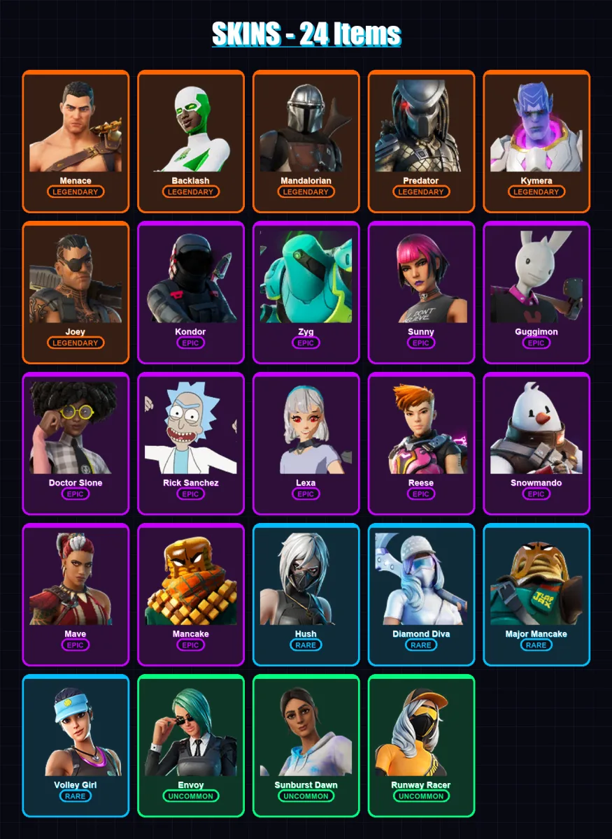 [PC/XBOX/PSN] | Menace | Backlash | Mandalorian | Predator | Kymera | 24 skin | 40 pickaxe | 40 emote | 34 glider | Lv875 — Fortnite account