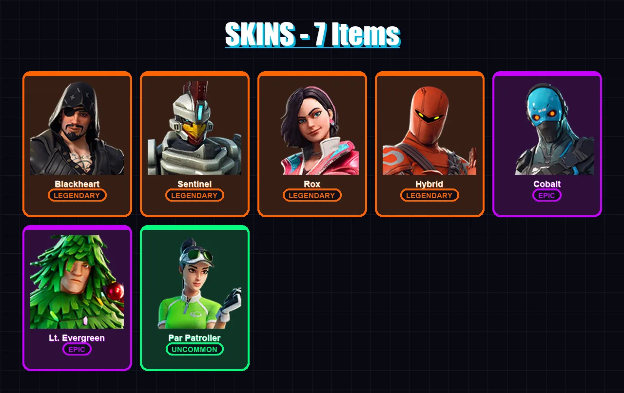 [SWITCH/XBOX/PSN/PC] | Blackheart | Sentinel | Rox | Hybrid | Cobalt | 7 skin | 16 pickaxe | 20 emote | 18 glider | Lv302