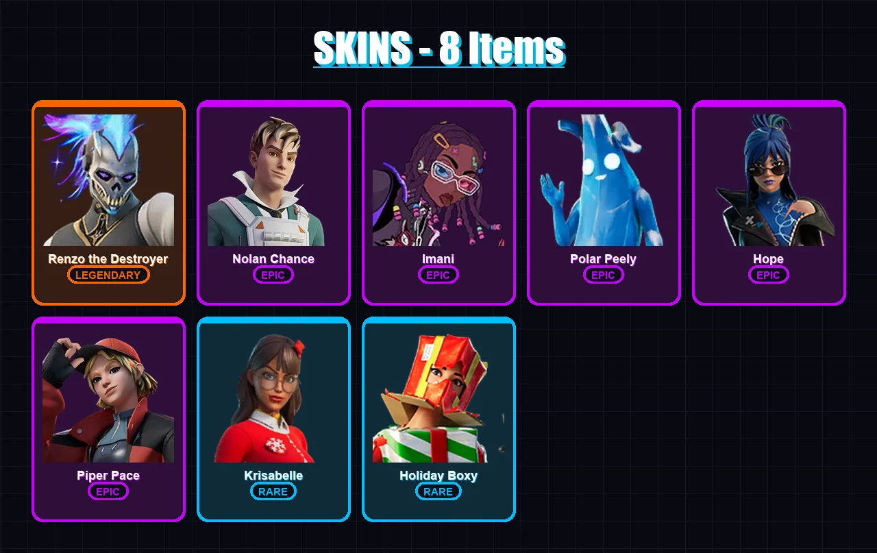 [SWITCH/XBOX/PSN/PC] | Renzo the Destroyer | Nolan Chance | Imani | Polar Peely | Hope | 8 skin | 12 pickaxe | 9 emote | 15 glider | Lv100