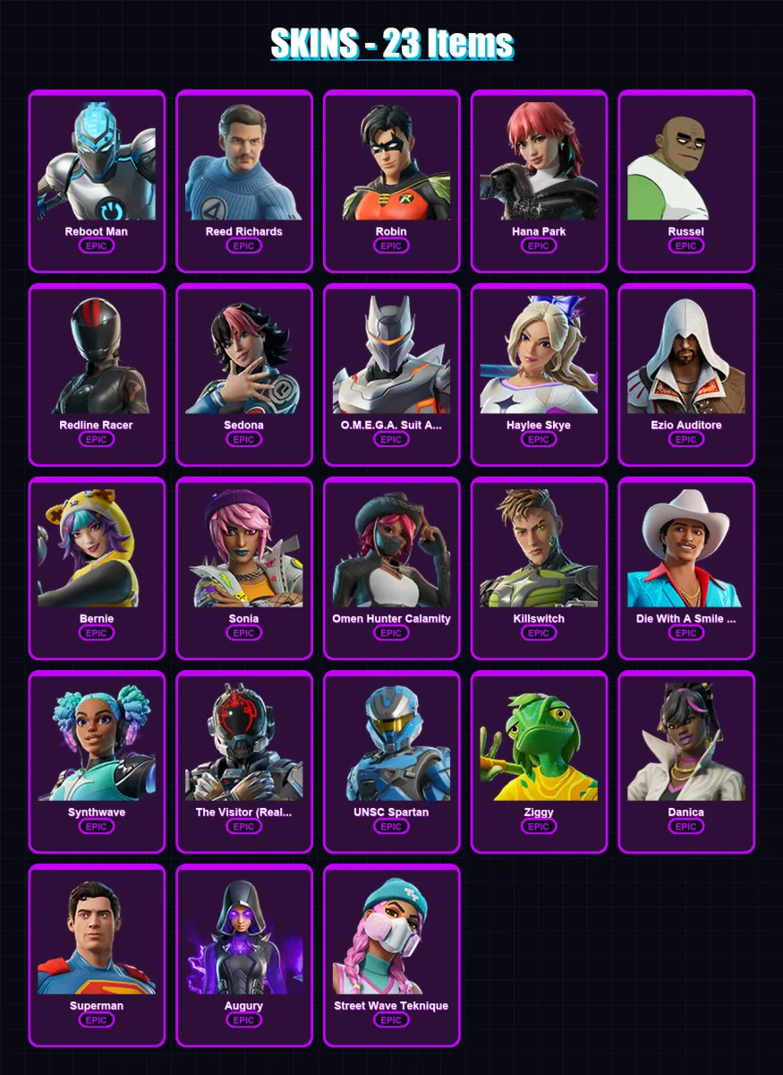 [PC/XBOX/PSN] | Reboot Man | Reed Richards | Robin | Hana Park | Russel | 23 skin | 24 pickaxe | 16 emote | 11 glider | Lv92