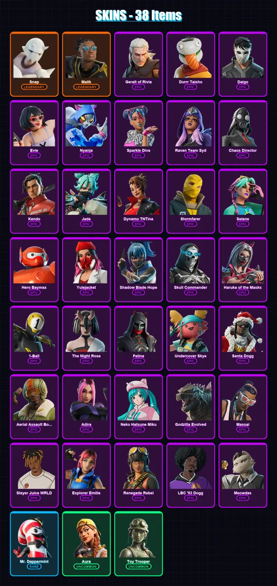 [PC] | Snap | Malik | Geralt of Rivia | Durrr Taisho | Daigo | 38 skin | 72 pickaxe | 44 emote | 45 glider | Lv731