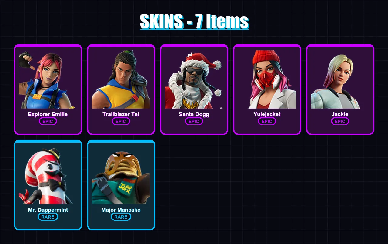[PC/XBOX] | Explorer Emilie | Trailblazer Tai | Santa Dogg | Yulejacket | Jackie | 7 skin | 33 pickaxe | 11 emote | 25 glider | Lv326