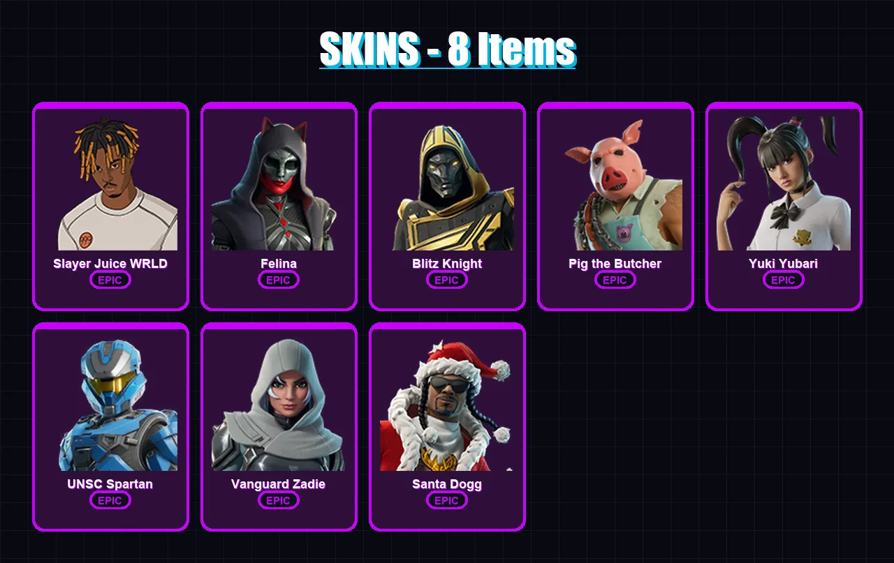 [PC/PSN] | Slayer Juice WRLD | Felina | Blitz Knight | Pig the Butcher | Yuki Yubari | 8 skin | 83 pickaxe | 31 emote | 47 glider | Lv878