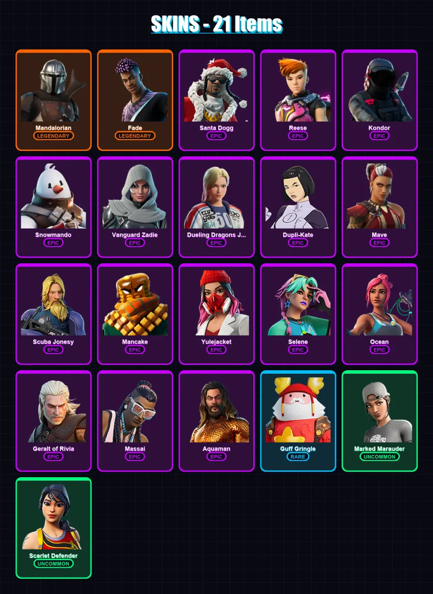 [PC/XBOX/PSN] | Mandalorian | Fade | Santa Dogg | Reese | Kondor | 21 skin | 62 pickaxe | 34 emote | 48 glider | Lv777