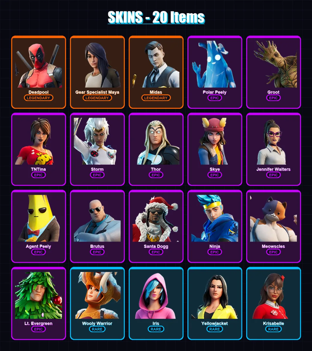 [SWITCH/XBOX/PSN/PC] | Deadpool | Gear Specialist Maya | Midas | Polar Peely | Groot | 20 skin | 42 pickaxe | 37 emote | 44 glider | Lv826 — Fortnite account