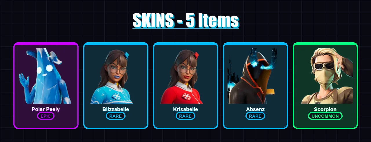 [PC/XBOX/PSN] | Polar Peely | Blizzabelle | Krisabelle | Absenz | Scorpion | 5 skin | 7 pickaxe | 5 emote | 6 glider | Lv33
