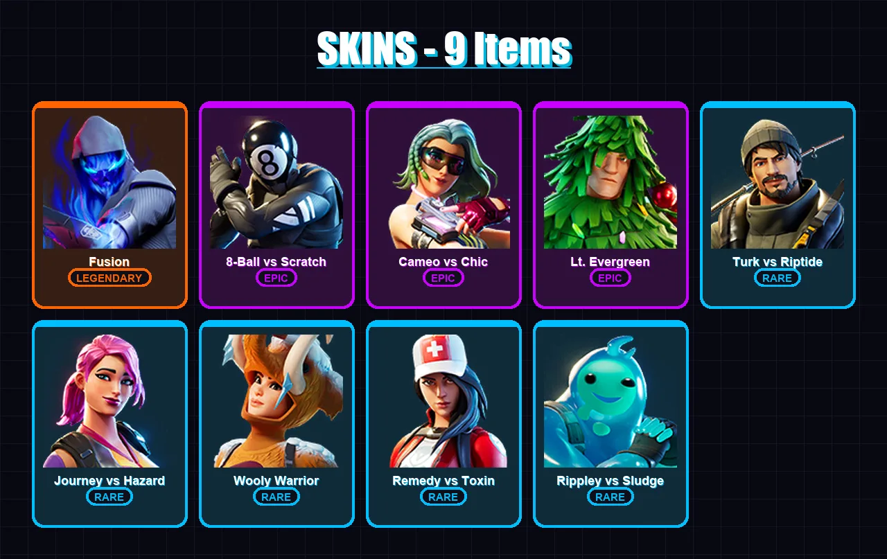 [PC] | Fusion | 8-Ball vs Scratch | Cameo vs Chic | Lt. Evergreen | Turk vs Riptide | 9 skin | 20 pickaxe | 28 emote | 24 glider | Lv438
