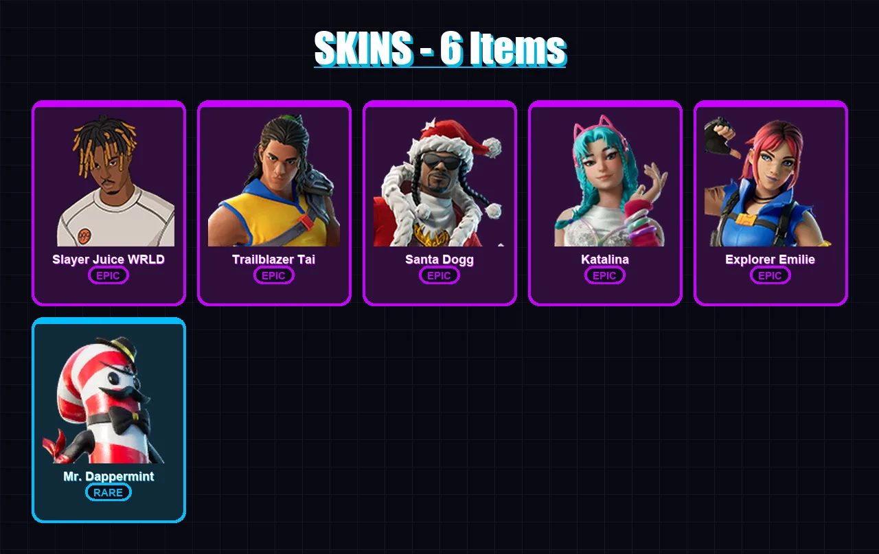 [PS4/PS5/XBOX/PC] | Slayer Juice WRLD | Trailblazer Tai | Santa Dogg | Katalina | Explorer Emilie | 6 skin | 33 pickaxe | 12 emote | 21 glider | Lv2