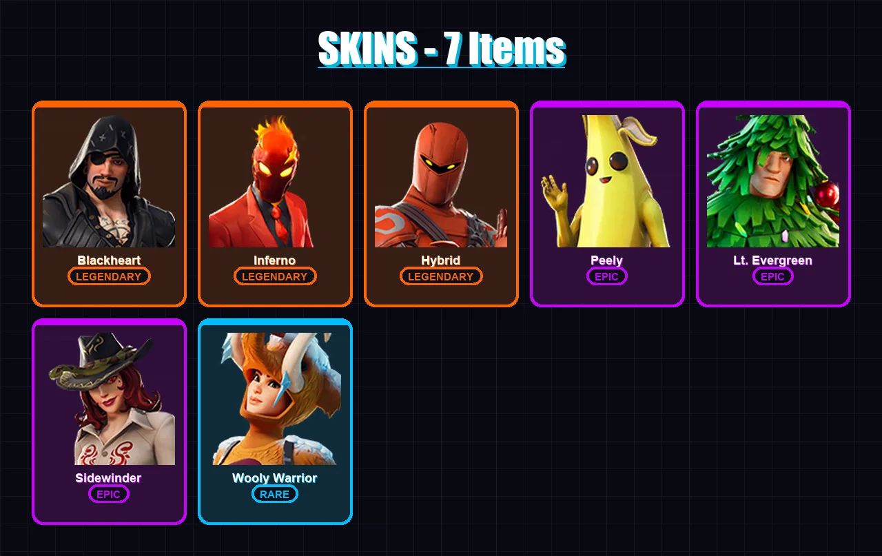 [SWITCH/XBOX/PSN/PC] | Blackheart | Inferno | Hybrid | Peely | Lt. Evergreen | 7 skin | 20 pickaxe | 22 emote | 17 glider | Lv315
