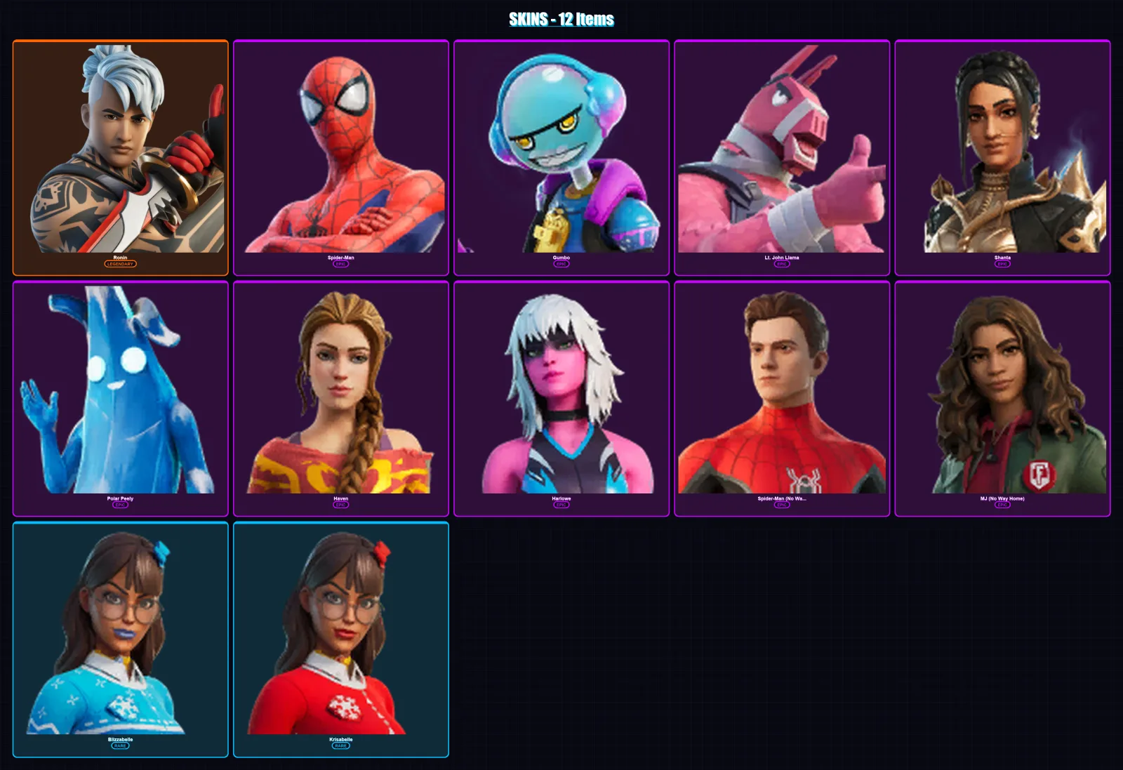 [PC/XBOX/PSN] | Ronin | Spider-Man | Gumbo | Lt. John Llama | Shanta | 12 skin | 20 pickaxe | 19 emote | 15 glider | Lv226