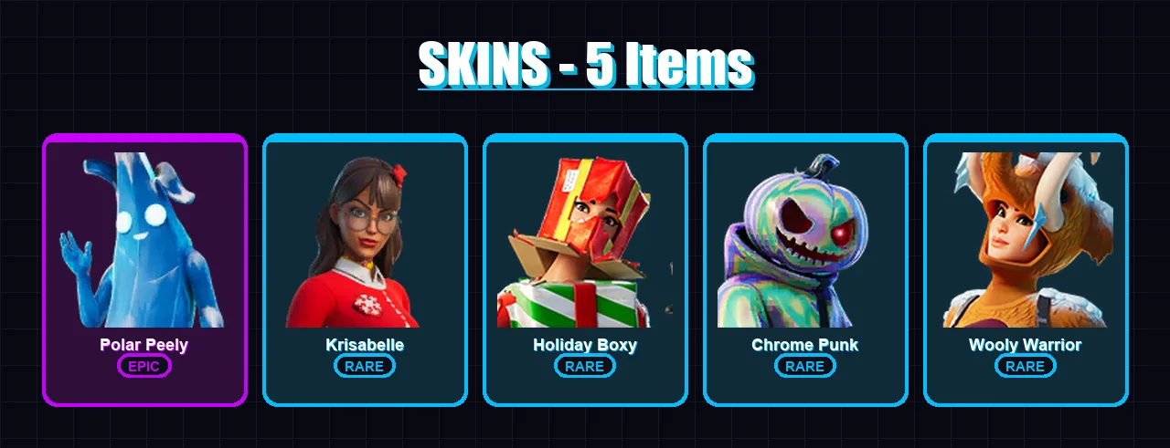 [PC/PSN] | Polar Peely | Krisabelle | Holiday Boxy | Chrome Punk | Wooly Warrior | 5 skin | 30 pickaxe | 40 emote | 35 glider | Lv1028