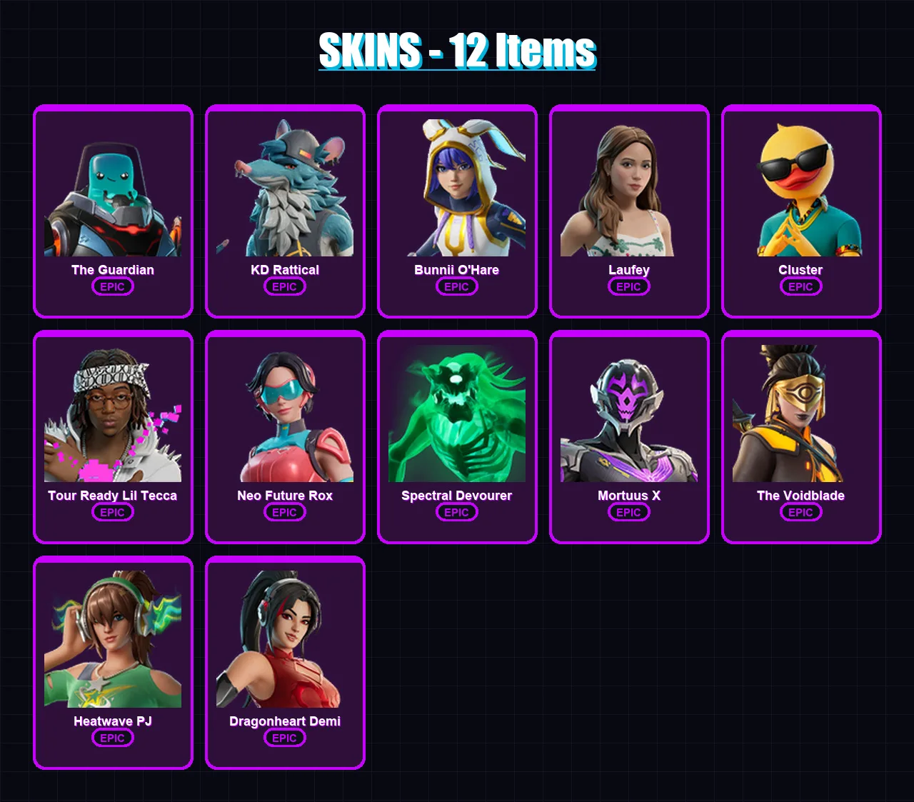 [PC/XBOX/PSN] | The Guardian | KD Rattical | Bunnii O'Hare | Laufey | Cluster | 12 skin | 15 pickaxe | 11 emote | 9 glider | Lv47