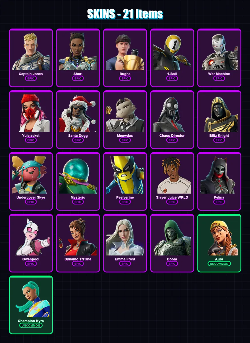 [PS4/PS5/XBOX/PC] | Captain Jones | Shuri | Bugha | 1-Ball | War Machine | 21 skin | 67 pickaxe | 35 emote | 43 glider | Lv959 — Fortnite account