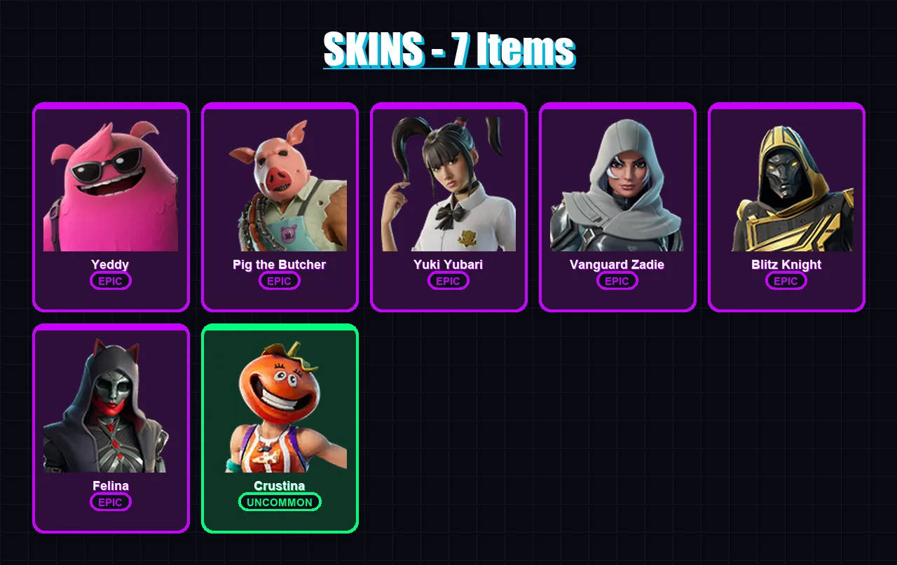 [PC/XBOX] | Yeddy | Pig the Butcher | Yuki Yubari | Vanguard Zadie | Blitz Knight | 7 skin | 66 pickaxe | 24 emote | 44 glider | Lv808