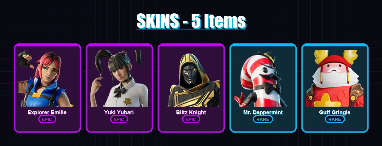 [PC/XBOX/PSN] | Explorer Emilie | Yuki Yubari | Blitz Knight | Mr. Dappermint | Guff Gringle | 5 skin | 3 pickaxe | 6 emote | 6 glider | Lv25