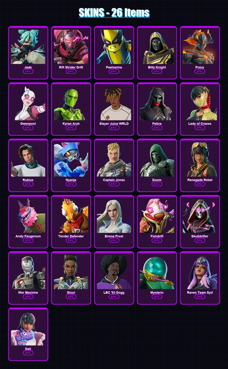 [PC/XBOX/PSN] | Jade | Rift Strider Drift | Peelverine | Blitz Knight | Polus | 26 skin | 58 pickaxe | 30 emote | 30 glider | Lv469 — Fortnite account