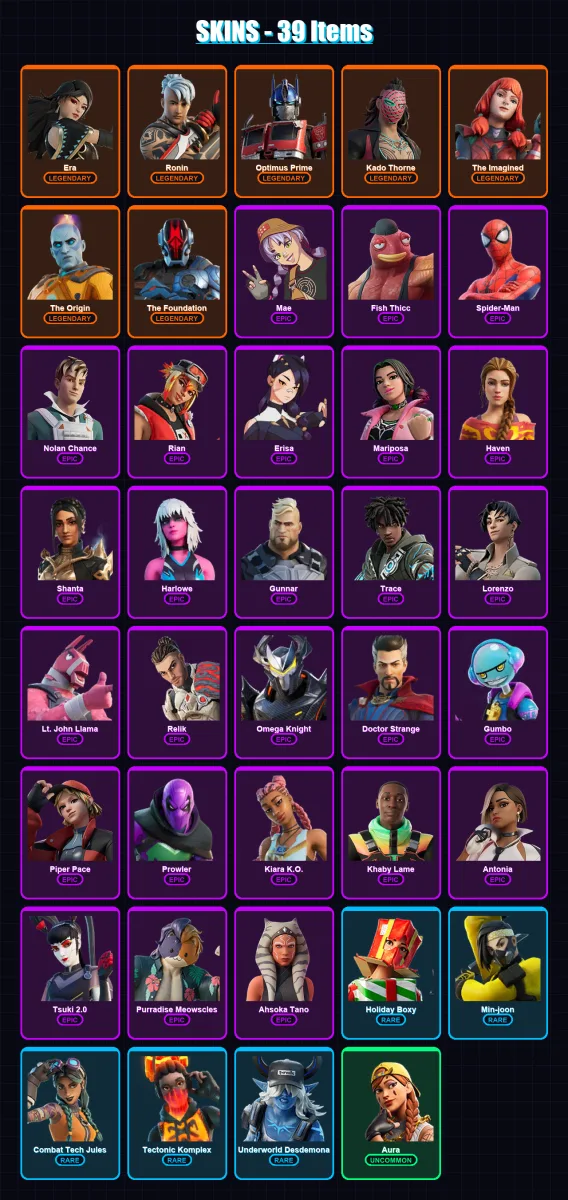[PC/XBOX/PSN] | Era | Ronin | Optimus Prime | Kado Thorne | The Imagined | 39 skin | 57 pickaxe | 45 emote | 47 glider | Lv912