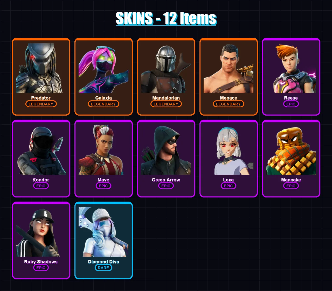[PC/XBOX/PSN] | Predator | Galaxia | Mandalorian | Menace | Reese | 12 skin | 25 pickaxe | 19 emote | 25 glider | Lv312