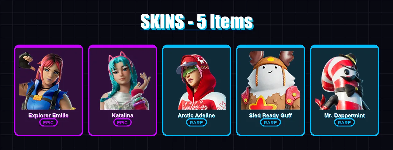 [PC/XBOX/PSN] | Explorer Emilie | Katalina | Arctic Adeline | Sled Ready Guff | Mr. Dappermint | 5 skin | 5 pickaxe | 2 emote | 5 glider | Lv20