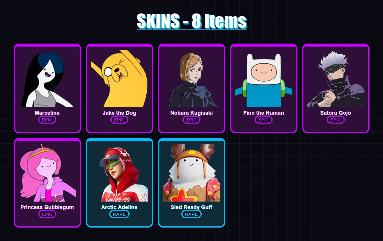 [PC/XBOX/PSN] | Marceline | Jake the Dog | Nobara Kugisaki | Finn the Human | Satoru Gojo | 8 skin | 15 pickaxe | 6 emote | 14 glider | Lv142