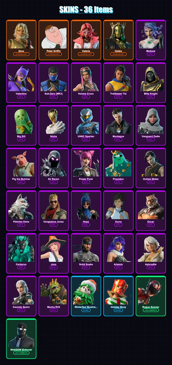 [PC/PSN] | Zeus | Peter Griffin | Valeria | Hades | Medusa | 36 skin | 77 pickaxe | 59 emote | 58 glider | Lv755 — Fortnite account