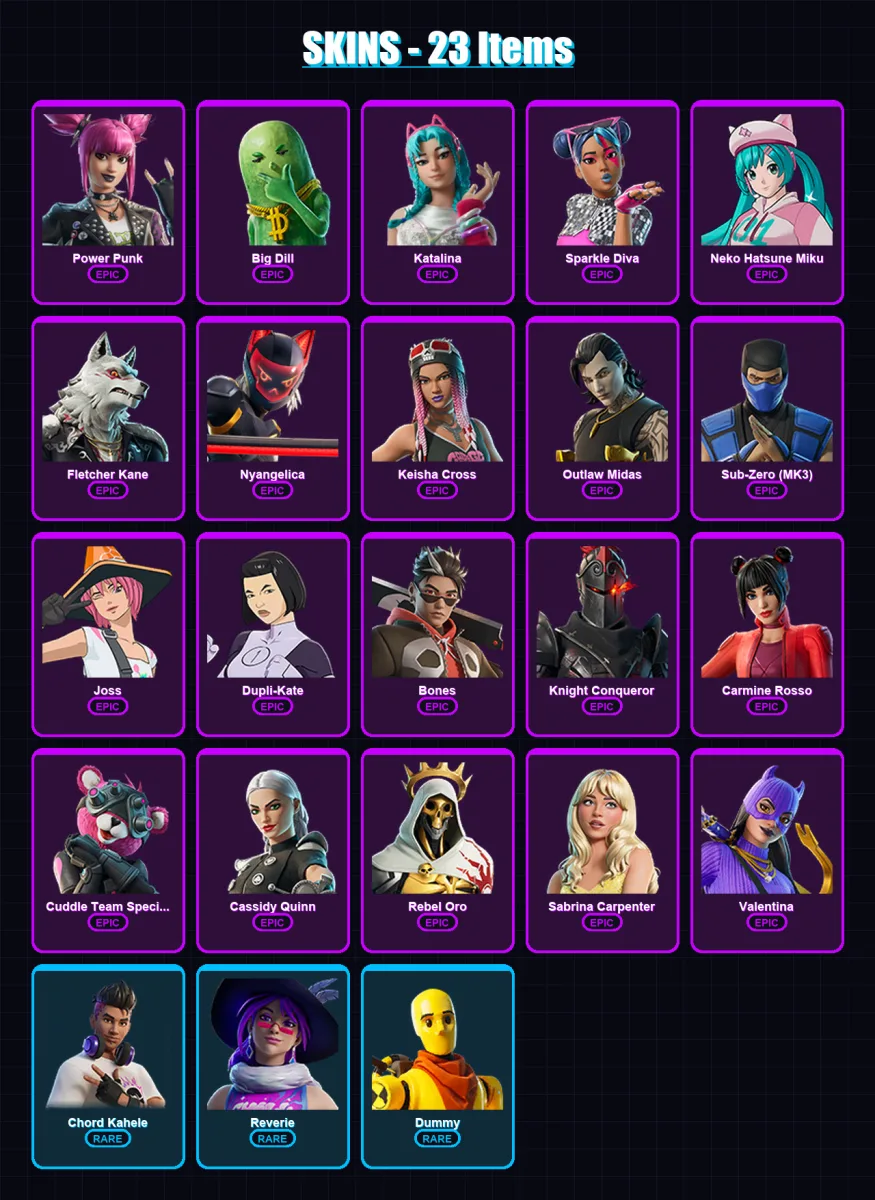 [PC/XBOX/PSN] | Power Punk | Big Dill | Katalina | Sparkle Diva | Neko Hatsune Miku | 23 skin | 34 pickaxe | 24 emote | 23 glider | Lv219