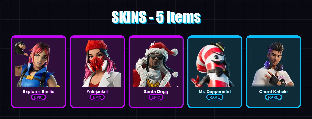 [PC/XBOX/PSN] | Explorer Emilie | Yulejacket | Santa Dogg | Mr. Dappermint | Chord Kahele | 5 skin | 21 pickaxe | 8 emote | 15 glider | Lv161