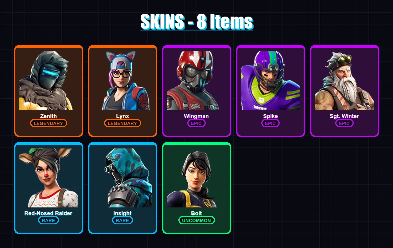 [PC/XBOX/PSN] | Zenith | Lynx | Wingman | Spike | Sgt. Winter | 8 skin | 8 pickaxe | 11 emote | 12 glider | Lv121