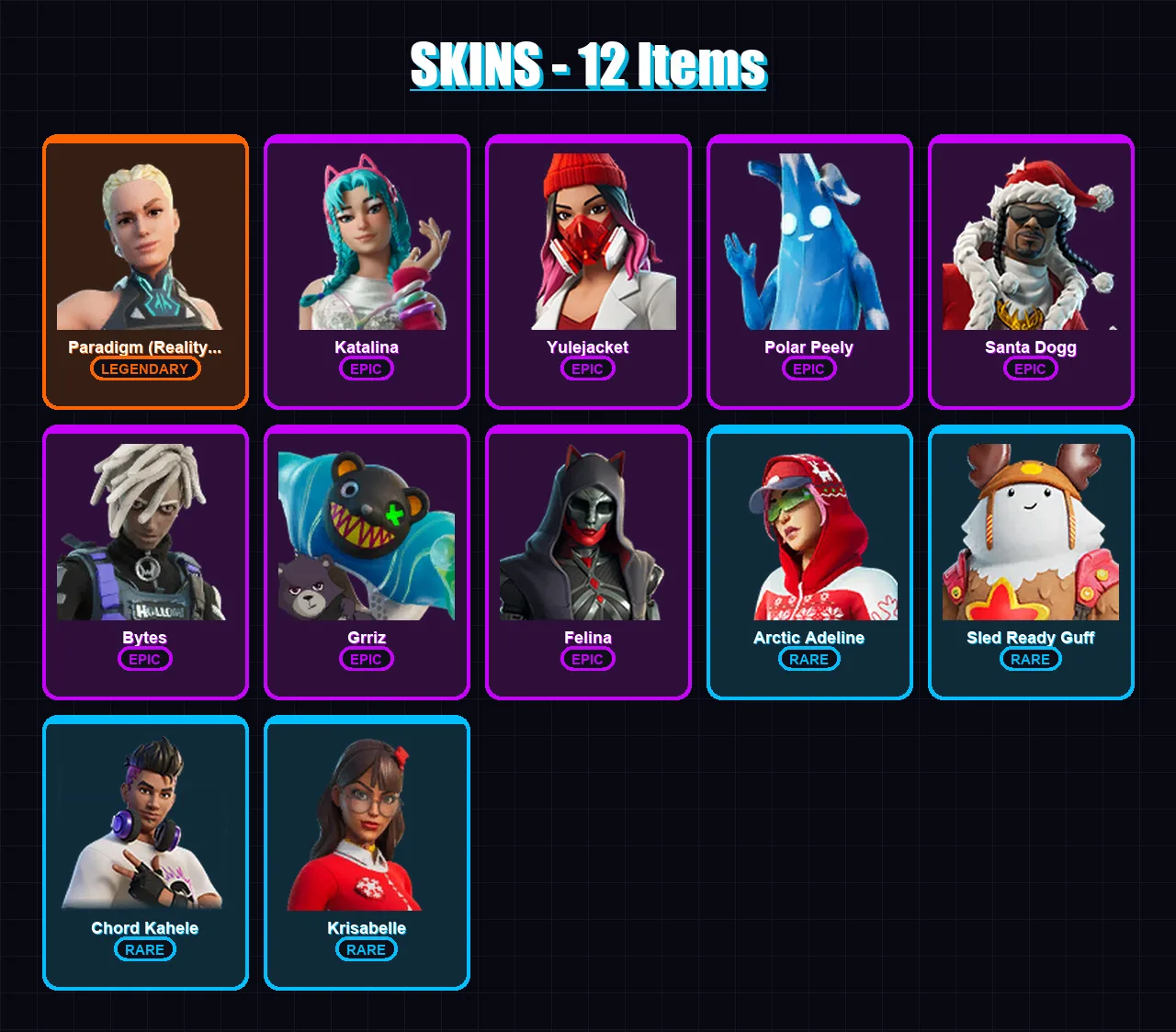 [PC/XBOX] | Paradigm (Reality-659) | Katalina | Yulejacket | Polar Peely | Santa Dogg | 12 skin | 30 pickaxe | 15 emote | 22 glider | Lv386