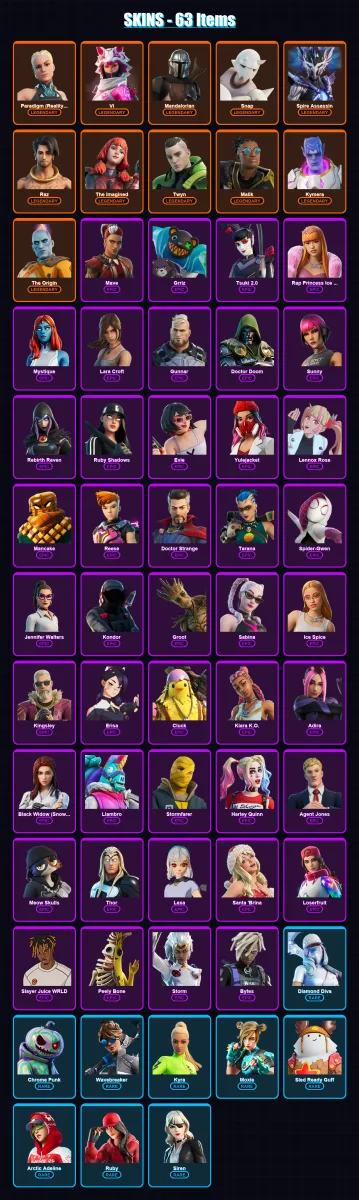 [PS4/PS5/XBOX/PC] | Paradigm (Reality-659) | Vi | Mandalorian | Snap | Spire Assassin | 63 skin | 67 pickaxe | 36 emote | 55 glider | Lv657