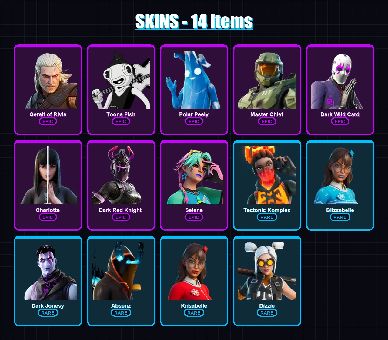 [PC/XBOX/PSN] | Geralt of Rivia | Toona Fish | Polar Peely | Master Chief | Dark Wild Card | 14 skin | 18 pickaxe | 18 emote | 13 glider | Lv154