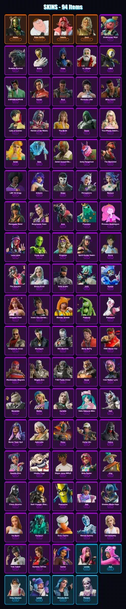 [PC/PSN] | Hades | Peter Griffin | Valeria | Zeus | Undercover Skye | 94 skin | 127 pickaxe | 105 emote | 74 glider | Lv1077