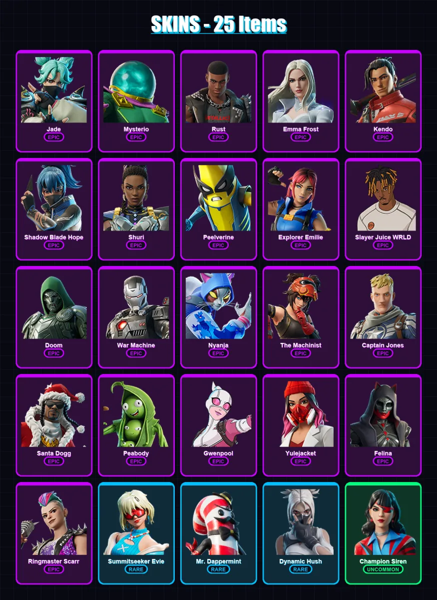 [PC/XBOX/PSN] | Jade | Mysterio | Rust | Emma Frost | Kendo | 25 skin | 31 pickaxe | 30 emote | 22 glider | Lv487