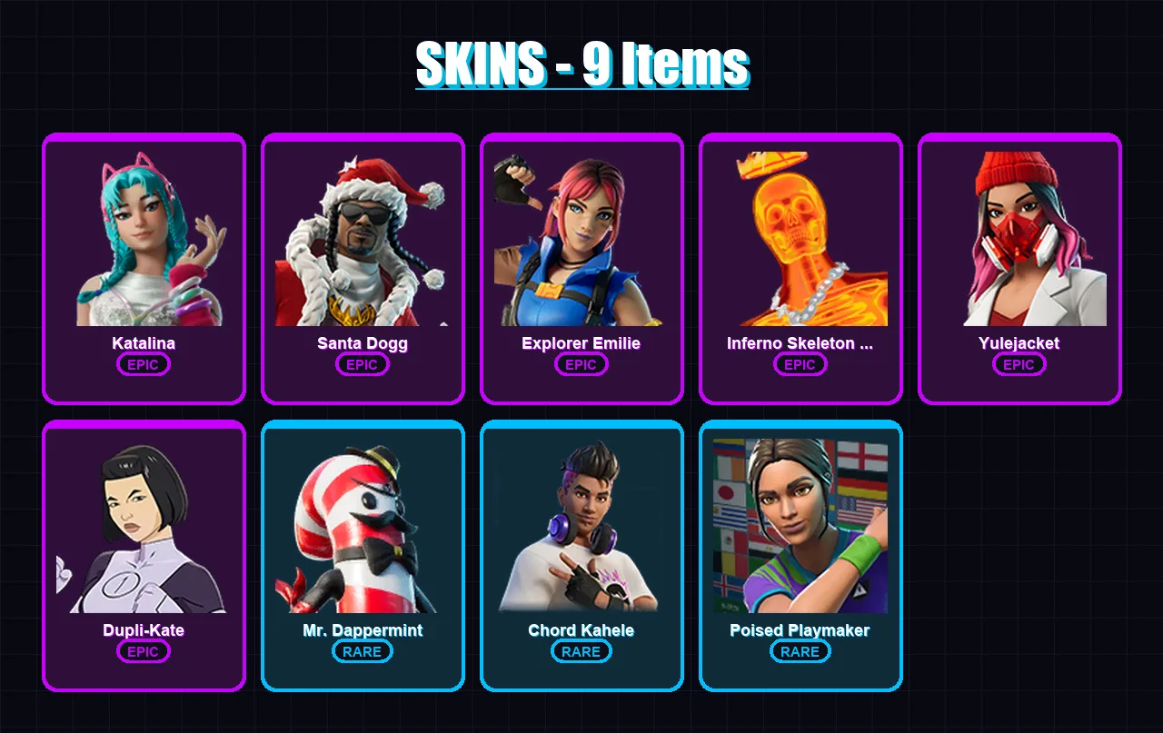 [PC/XBOX/PSN] | Katalina | Santa Dogg | Explorer Emilie | Inferno Skeleton Balvin | Yulejacket | 9 skin | 35 pickaxe | 14 emote | 23 glider | Lv682