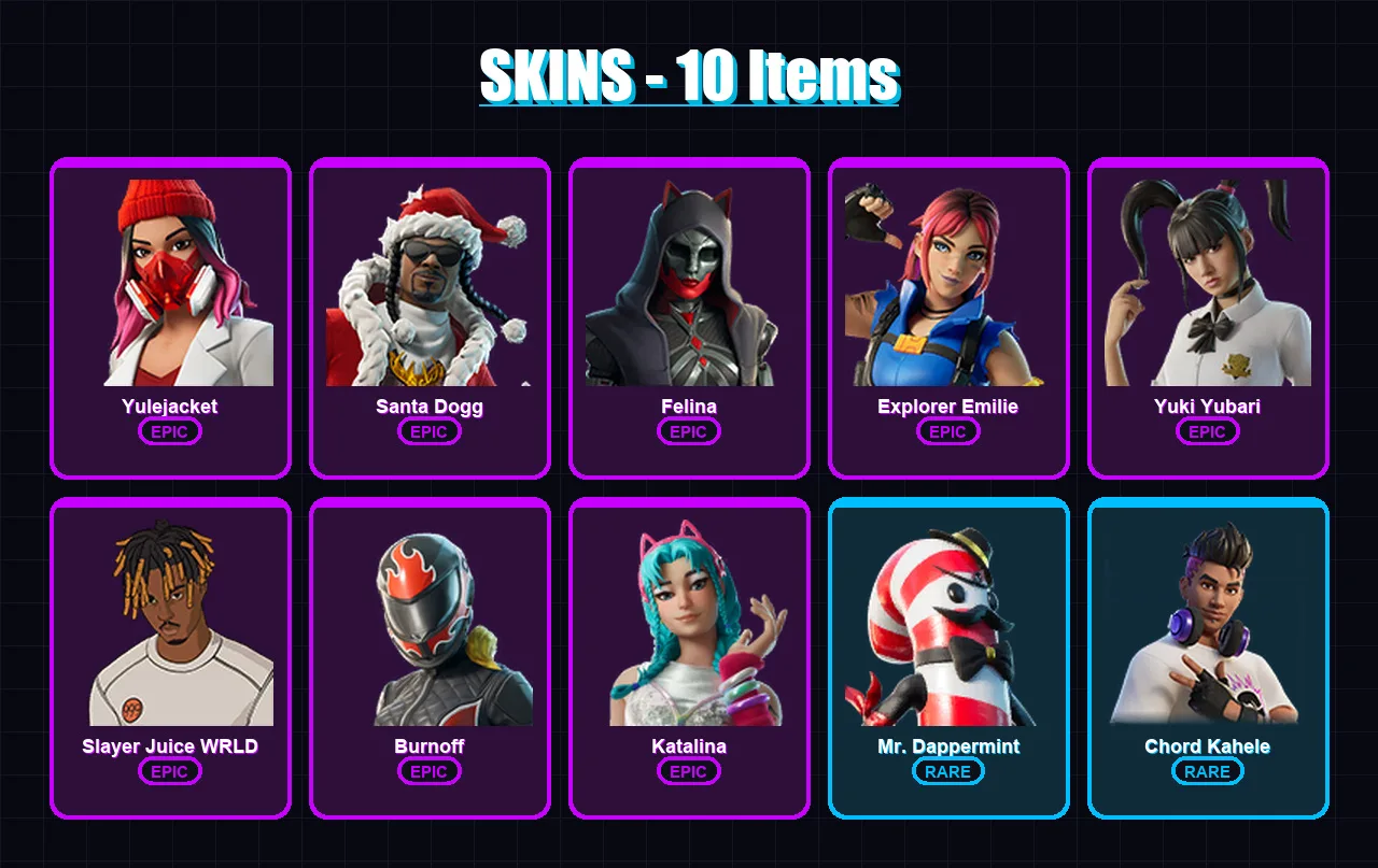 [PC/XBOX/PSN] | Yulejacket | Santa Dogg | Felina | Explorer Emilie | Yuki Yubari | 10 skin | 36 pickaxe | 16 emote | 24 glider | Lv216