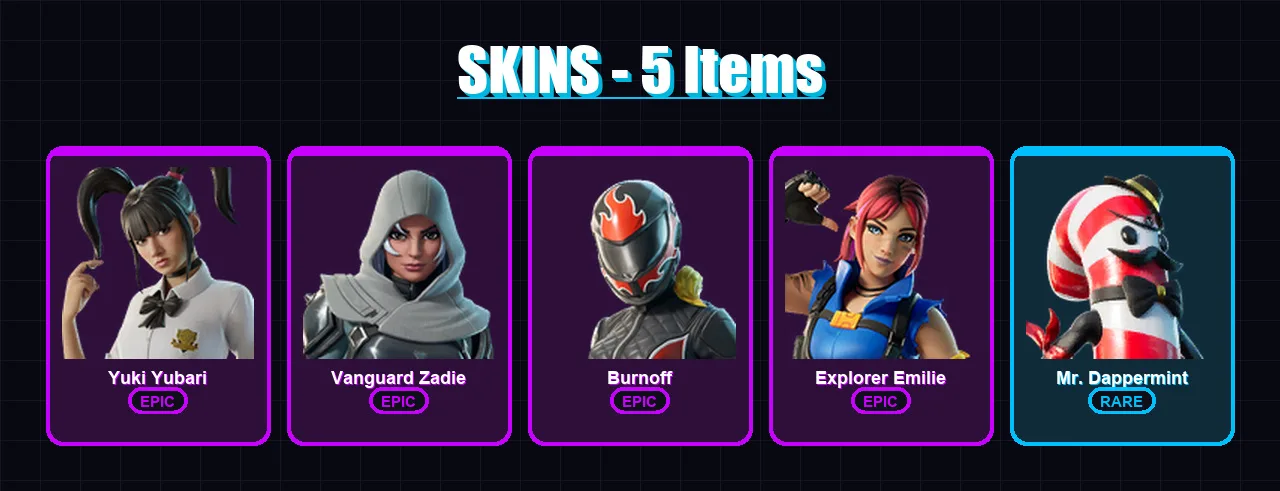 [PC/XBOX/PSN] | Yuki Yubari | Vanguard Zadie | Burnoff | Explorer Emilie | Mr. Dappermint | 5 skin | 34 pickaxe | 14 emote | 16 glider | Lv204